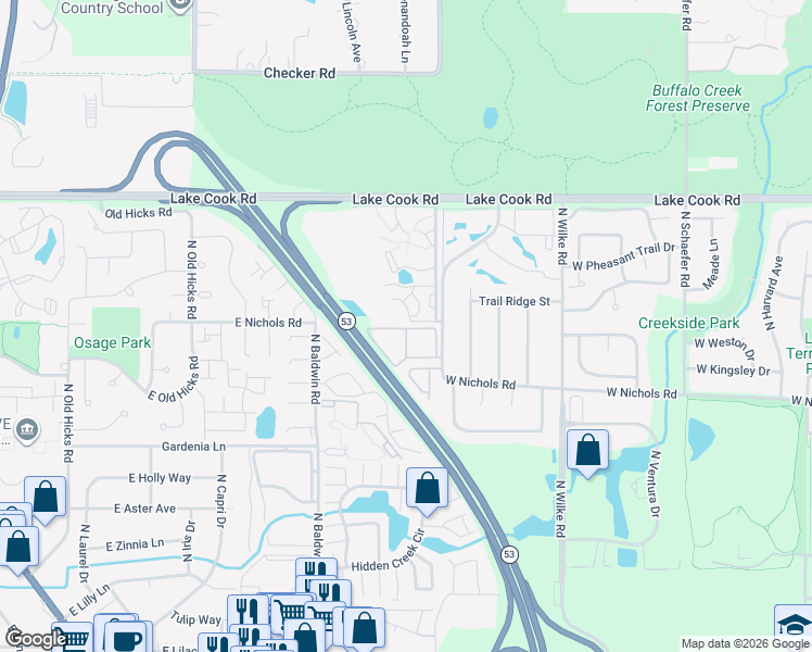 map of restaurants, bars, coffee shops, grocery stores, and more near 2243 Nichols Road in Arlington Heights