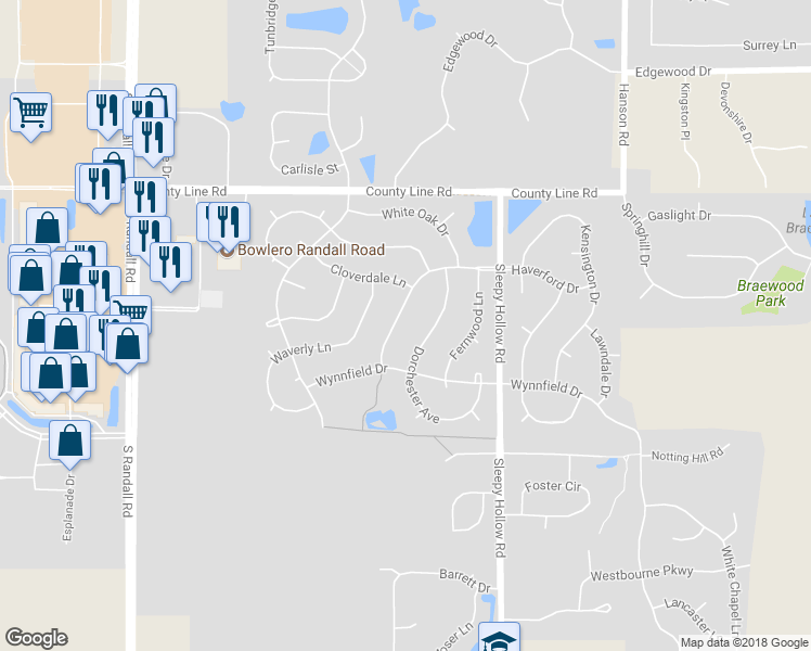 map of restaurants, bars, coffee shops, grocery stores, and more near 1831 Haverford Drive in Algonquin