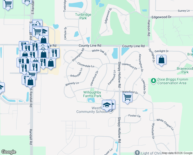 map of restaurants, bars, coffee shops, grocery stores, and more near 1831 Haverford Drive in Algonquin
