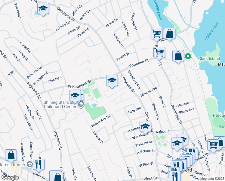 map of restaurants, bars, coffee shops, grocery stores, and more near 110 Congress Street in Milford