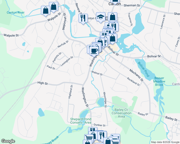 map of restaurants, bars, coffee shops, grocery stores, and more near 427 Washington Street in Canton