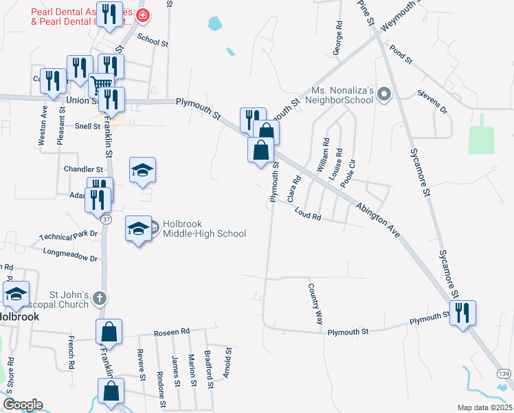 map of restaurants, bars, coffee shops, grocery stores, and more near 339 Plymouth Street in Holbrook