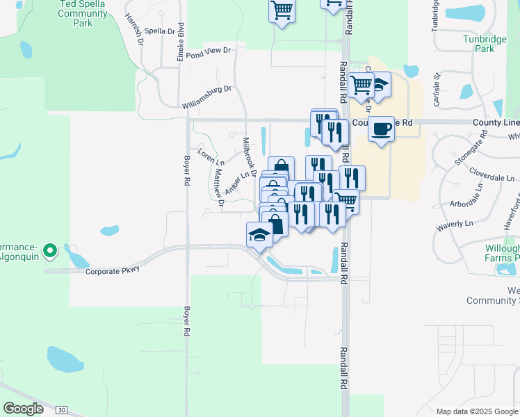 map of restaurants, bars, coffee shops, grocery stores, and more near 1615 Millbrook Drive in Algonquin
