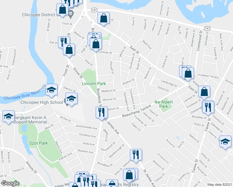 map of restaurants, bars, coffee shops, grocery stores, and more near 95 Washington Street in Chicopee