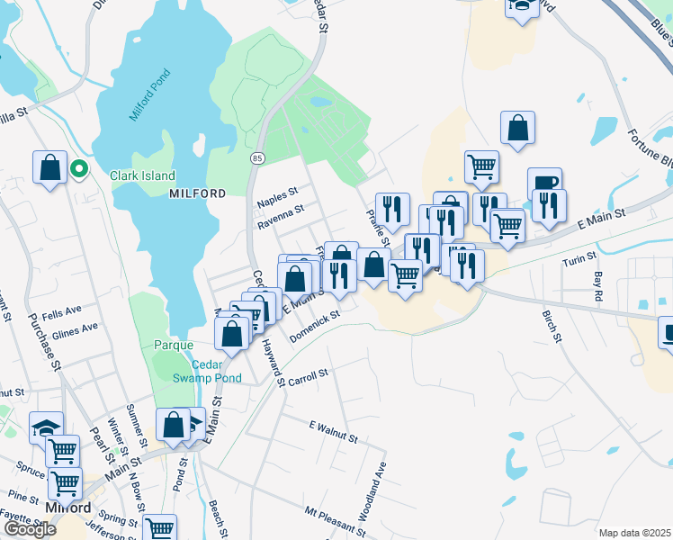 map of restaurants, bars, coffee shops, grocery stores, and more near 150 East Main Street in Milford