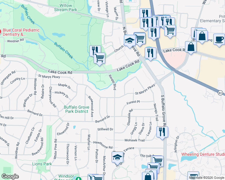 map of restaurants, bars, coffee shops, grocery stores, and more near 206 Raupp Boulevard in Buffalo Grove