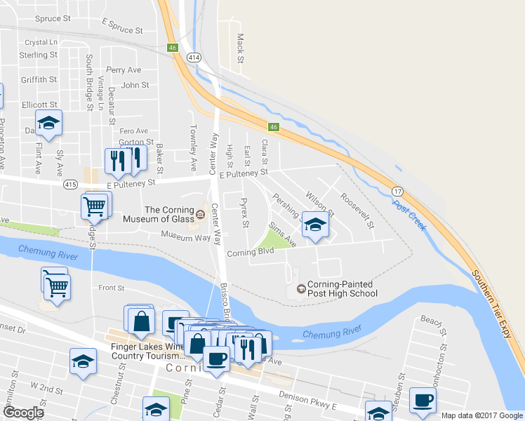 map of restaurants, bars, coffee shops, grocery stores, and more near 47 Houghton Cir in Corning