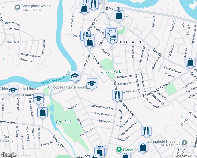 map of restaurants, bars, coffee shops, grocery stores, and more near 19 Otis Street in Chicopee