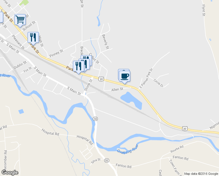 map of restaurants, bars, coffee shops, grocery stores, and more near 4 Allen Street in Palmer