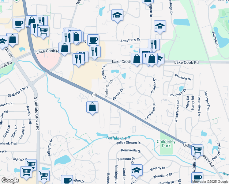 map of restaurants, bars, coffee shops, grocery stores, and more near 1252 Mae Court in Wheeling
