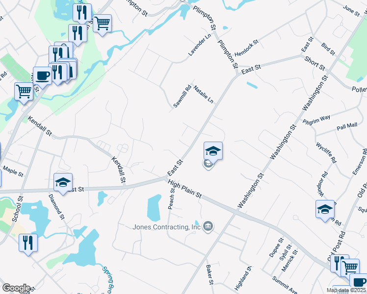 map of restaurants, bars, coffee shops, grocery stores, and more near 557-559 East Street in Walpole