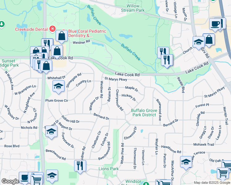 map of restaurants, bars, coffee shops, grocery stores, and more near 220 Cherrywood Road in Buffalo Grove