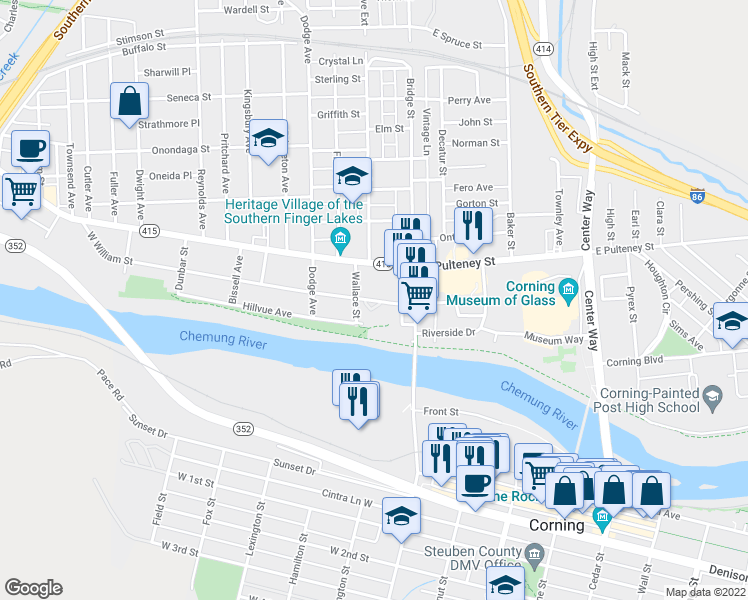 map of restaurants, bars, coffee shops, grocery stores, and more near 35 West William Street in Corning