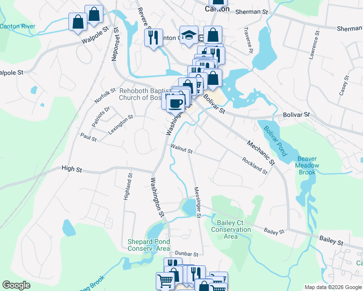 map of restaurants, bars, coffee shops, grocery stores, and more near 36 Walnut Street in Canton