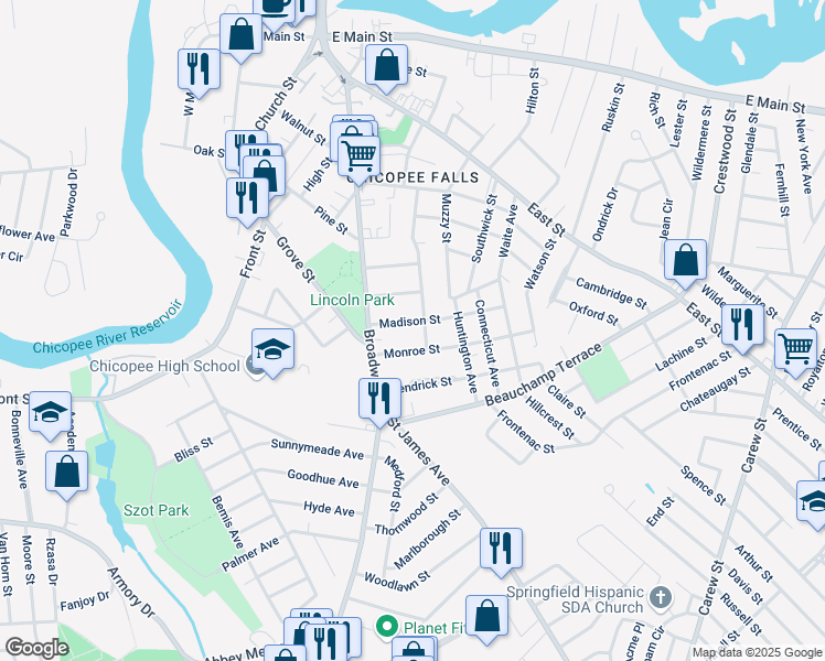map of restaurants, bars, coffee shops, grocery stores, and more near 21 Madison Street in Chicopee