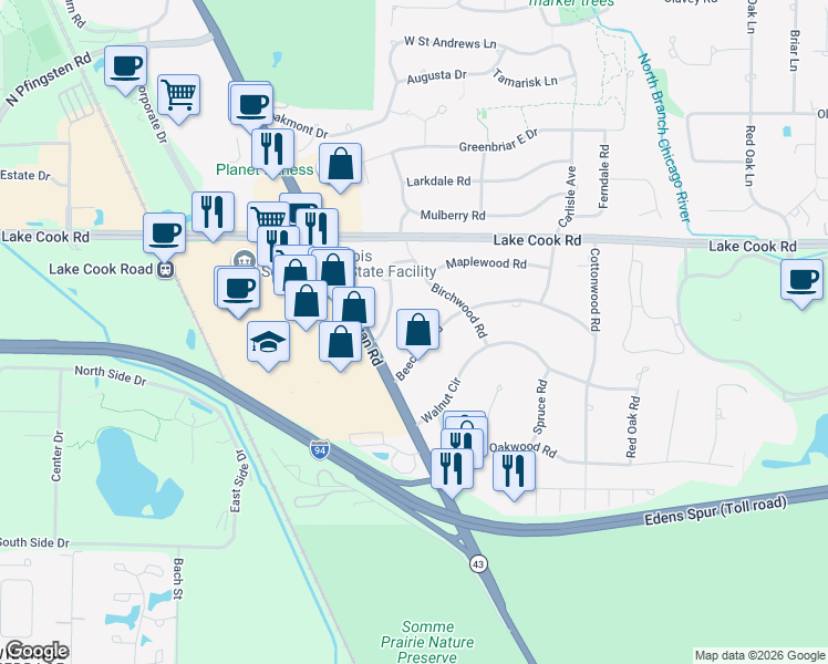 map of restaurants, bars, coffee shops, grocery stores, and more near 2058 Beechnut Road in Northbrook