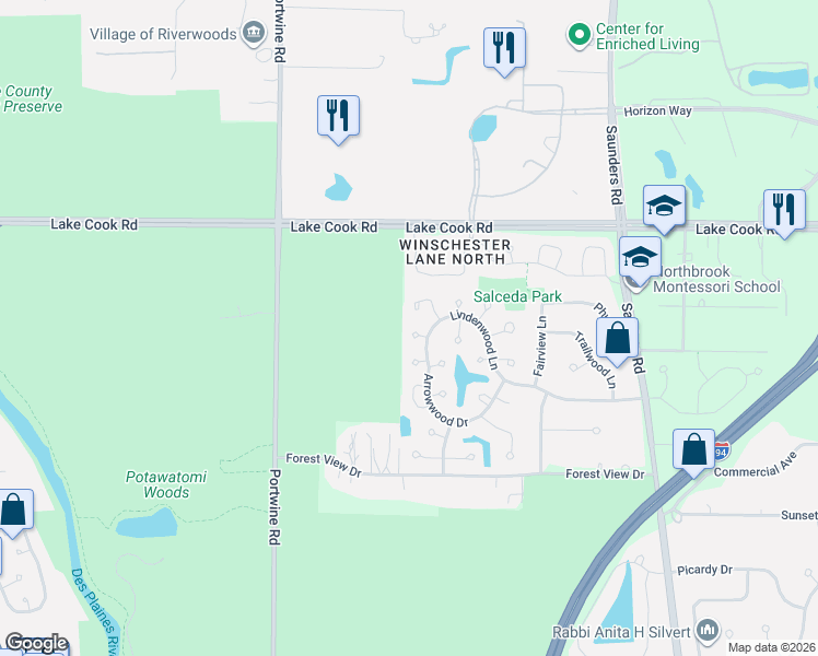 map of restaurants, bars, coffee shops, grocery stores, and more near 134 Arrowwood Drive in Northbrook