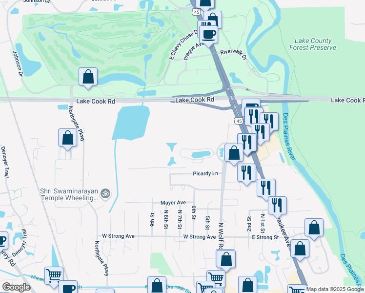 map of restaurants, bars, coffee shops, grocery stores, and more near 100 Prairie Park Drive in Wheeling