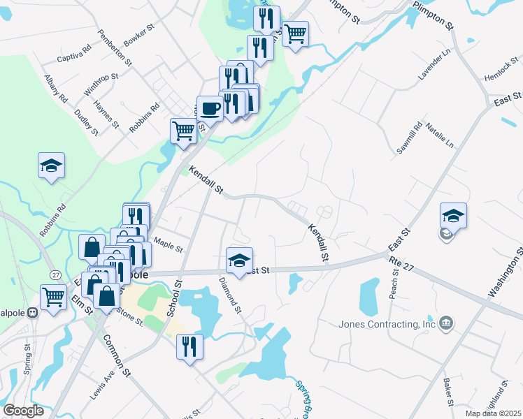 map of restaurants, bars, coffee shops, grocery stores, and more near 4 Pierce Street in Walpole