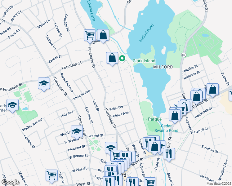 map of restaurants, bars, coffee shops, grocery stores, and more near 20 Chester Lane in Milford