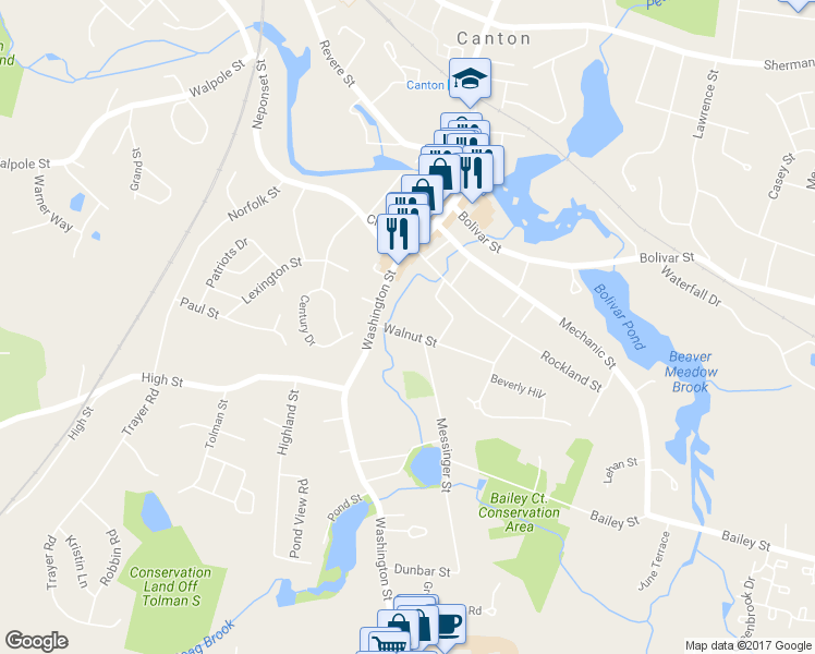 map of restaurants, bars, coffee shops, grocery stores, and more near 36 Walnut Street in Canton