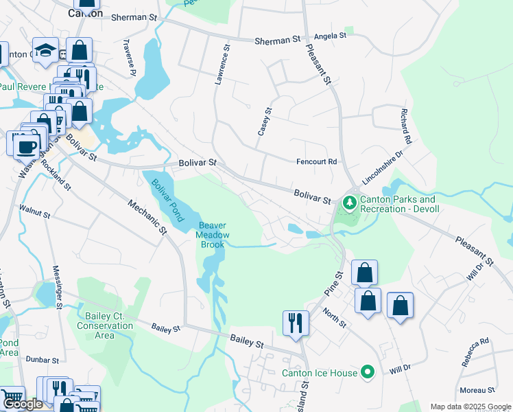 map of restaurants, bars, coffee shops, grocery stores, and more near 24 Waterfall Drive in Canton
