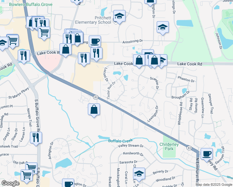 map of restaurants, bars, coffee shops, grocery stores, and more near 1248 Mae Court in Wheeling