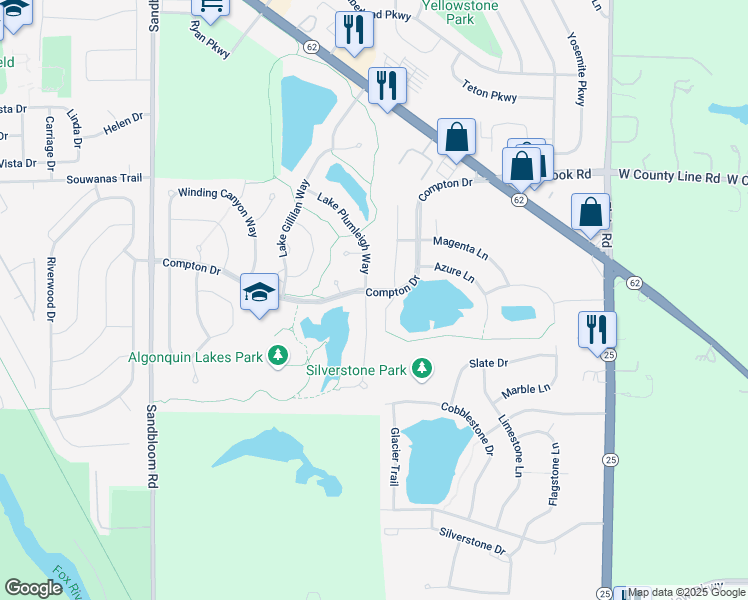 map of restaurants, bars, coffee shops, grocery stores, and more near 501 Lake Plumleigh Way in Algonquin