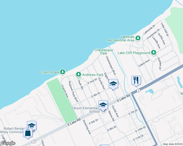 map of restaurants, bars, coffee shops, grocery stores, and more near 129 Sanford Place in Erie