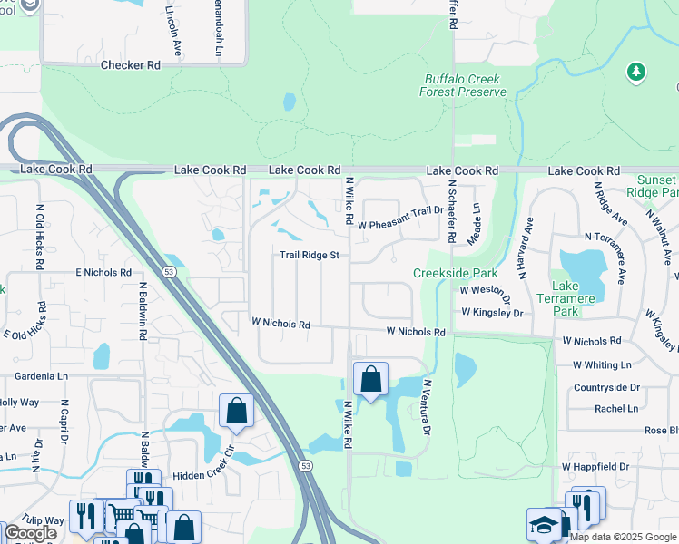 map of restaurants, bars, coffee shops, grocery stores, and more near 3976 North Wilke Road in Arlington Heights