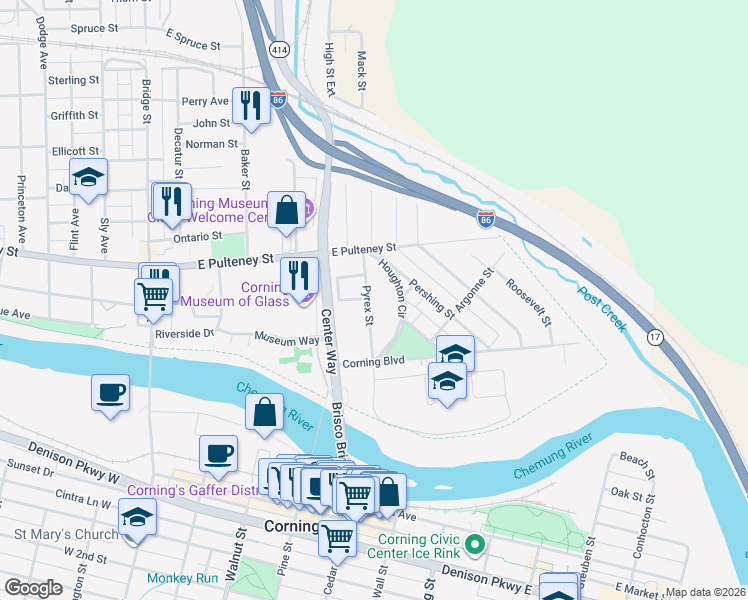map of restaurants, bars, coffee shops, grocery stores, and more near 47 Houghton Circle in Corning
