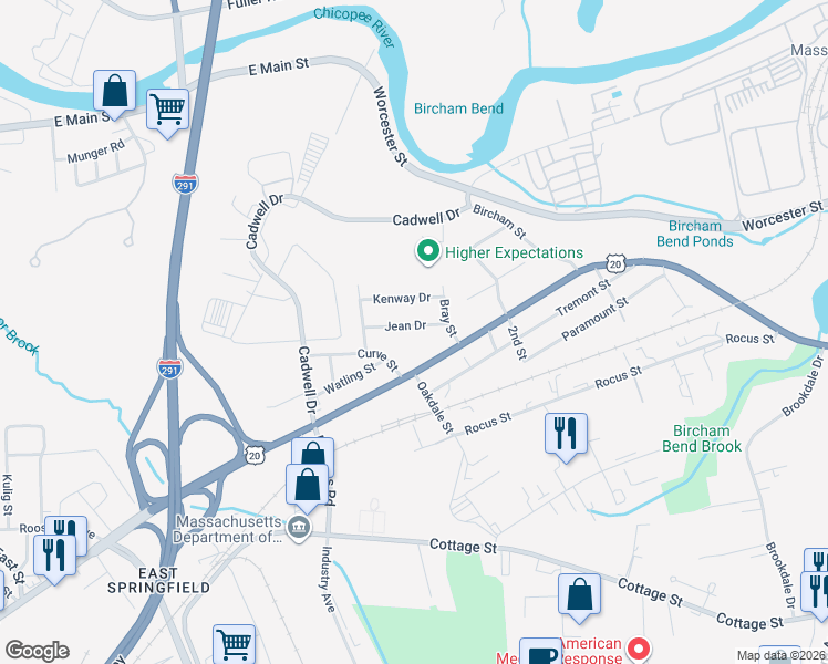 map of restaurants, bars, coffee shops, grocery stores, and more near 49 Jean Drive in Springfield