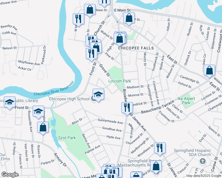 map of restaurants, bars, coffee shops, grocery stores, and more near 19 Otis Street in Chicopee