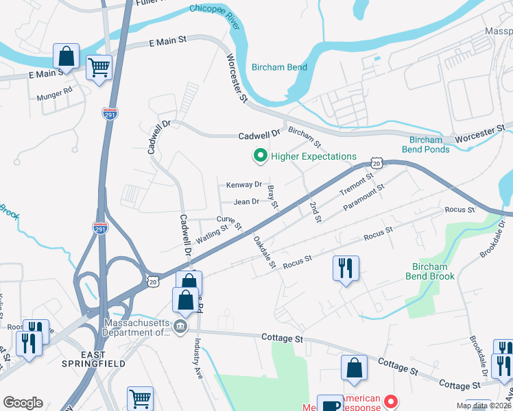 map of restaurants, bars, coffee shops, grocery stores, and more near 57 Jean Drive in Springfield