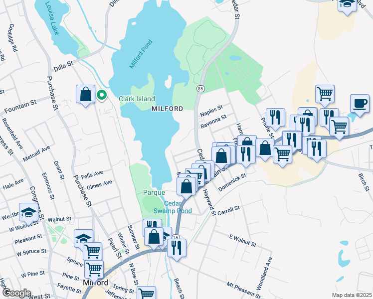 map of restaurants, bars, coffee shops, grocery stores, and more near 7 Columbus Avenue in Milford