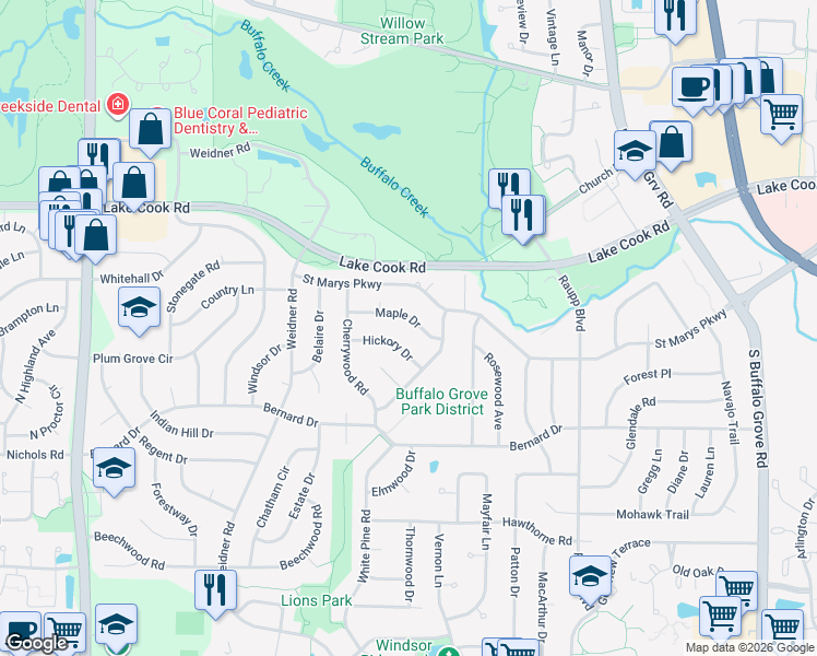 map of restaurants, bars, coffee shops, grocery stores, and more near 587 Maple Drive in Buffalo Grove