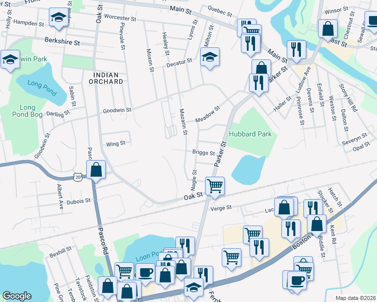 map of restaurants, bars, coffee shops, grocery stores, and more near 91 Briggs Street in Springfield