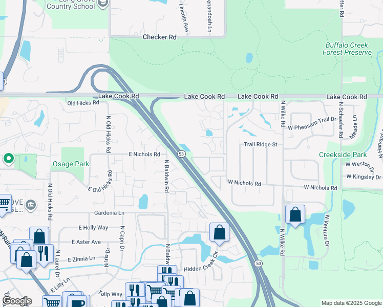 map of restaurants, bars, coffee shops, grocery stores, and more near 33 West Nichols Road in Arlington Heights