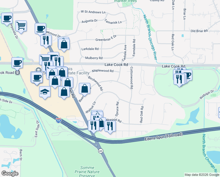 map of restaurants, bars, coffee shops, grocery stores, and more near 1940 Walnut Circle in Northbrook