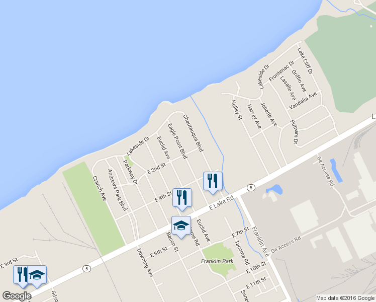 map of restaurants, bars, coffee shops, grocery stores, and more near 2104 East 2nd Street in Erie