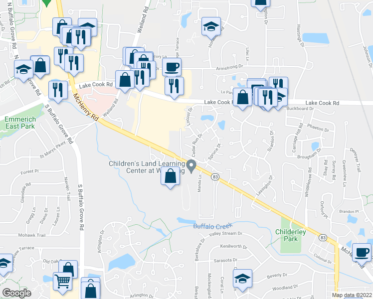 map of restaurants, bars, coffee shops, grocery stores, and more near 1325 Alpine Court in Wheeling