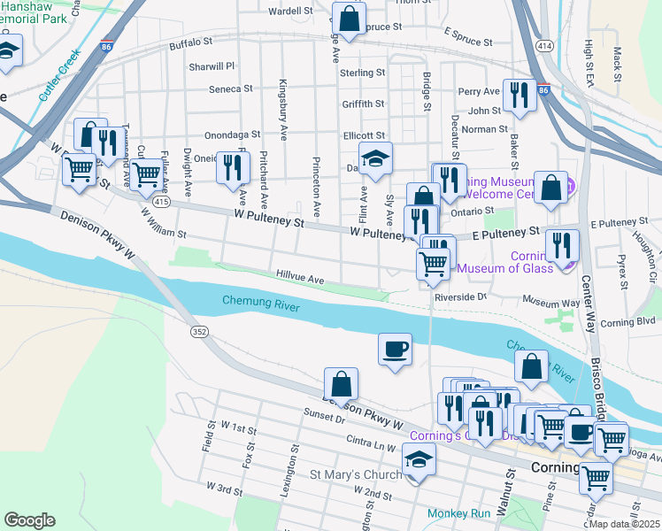 map of restaurants, bars, coffee shops, grocery stores, and more near 108 West William Street in Corning