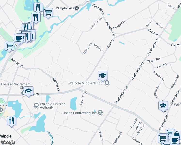 map of restaurants, bars, coffee shops, grocery stores, and more near 557-559 East Street in Walpole
