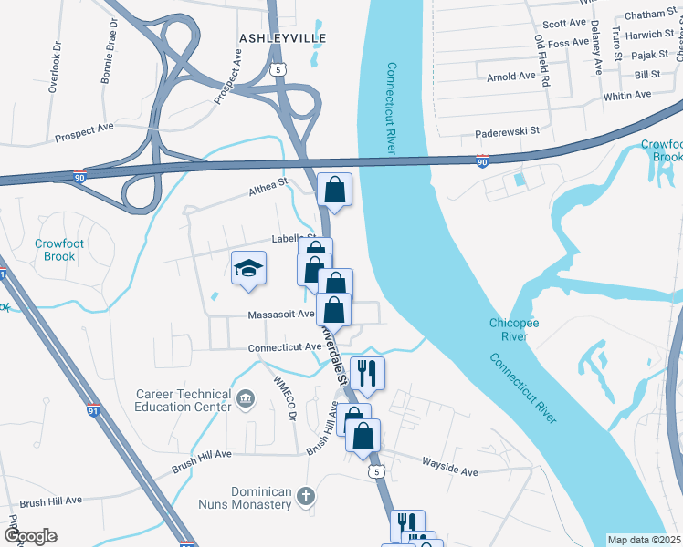 map of restaurants, bars, coffee shops, grocery stores, and more near 1715 Riverdale Street in West Springfield
