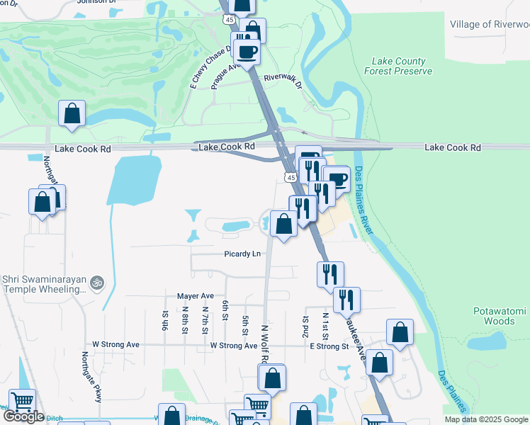 map of restaurants, bars, coffee shops, grocery stores, and more near 40 Prairie Park Drive in Wheeling