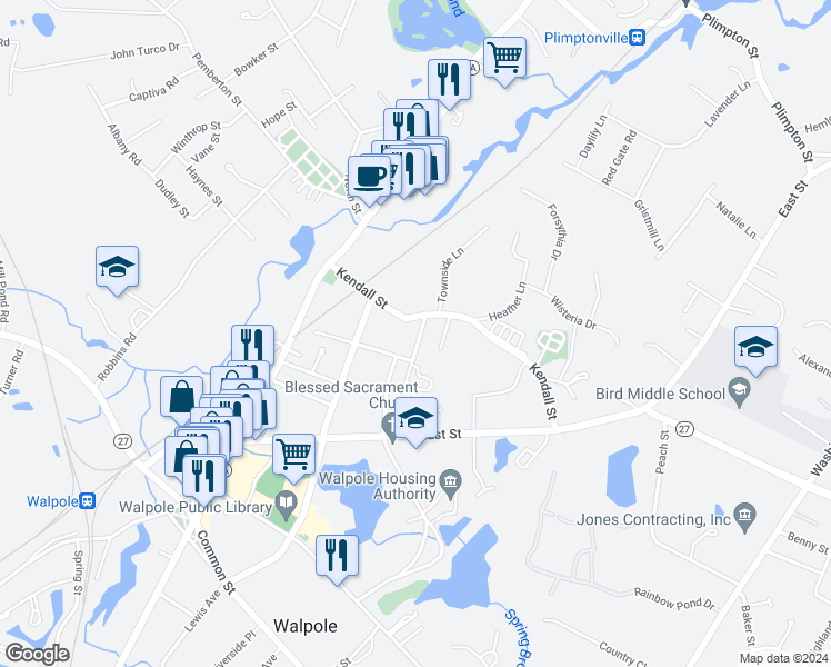 map of restaurants, bars, coffee shops, grocery stores, and more near 5 Mason Street in Walpole
