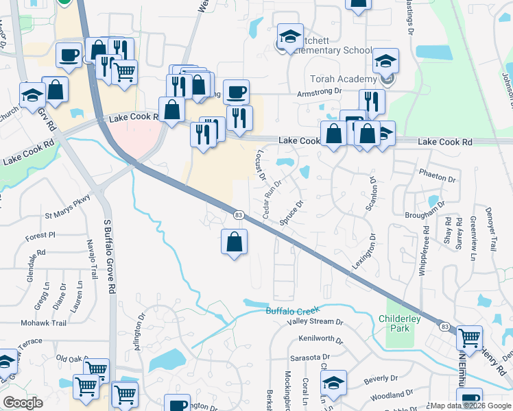 map of restaurants, bars, coffee shops, grocery stores, and more near 1325 Alpine Court in Wheeling