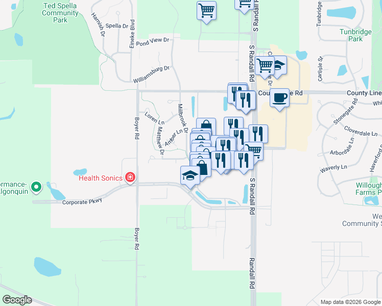 map of restaurants, bars, coffee shops, grocery stores, and more near 1611 Millbrook Drive in Algonquin