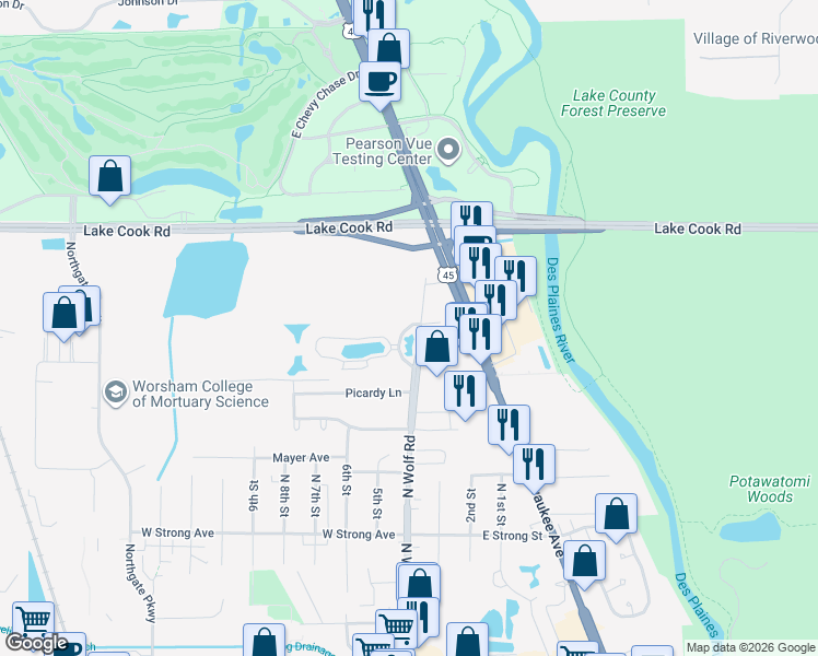 map of restaurants, bars, coffee shops, grocery stores, and more near 40 Prairie Park Drive in Wheeling