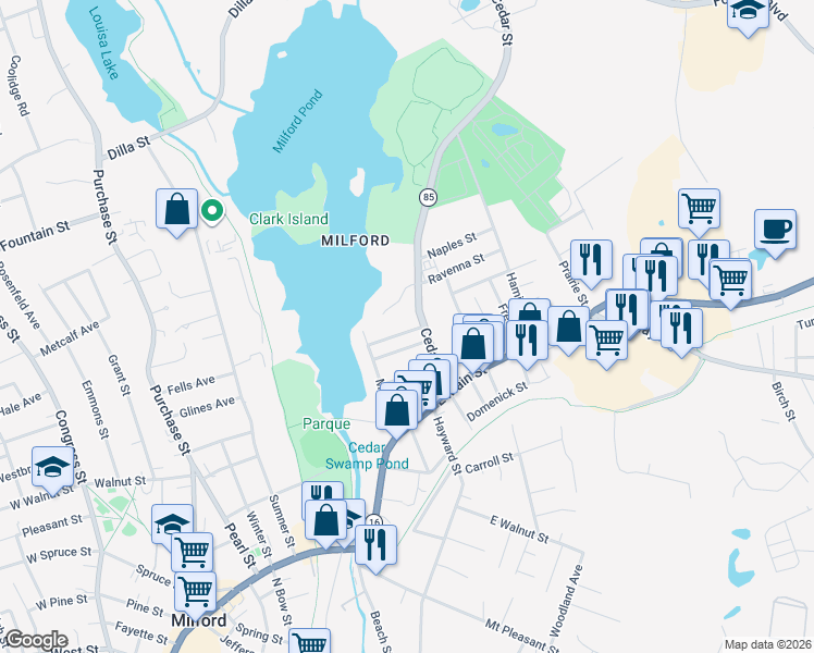 map of restaurants, bars, coffee shops, grocery stores, and more near 3 Columbus Avenue in Milford